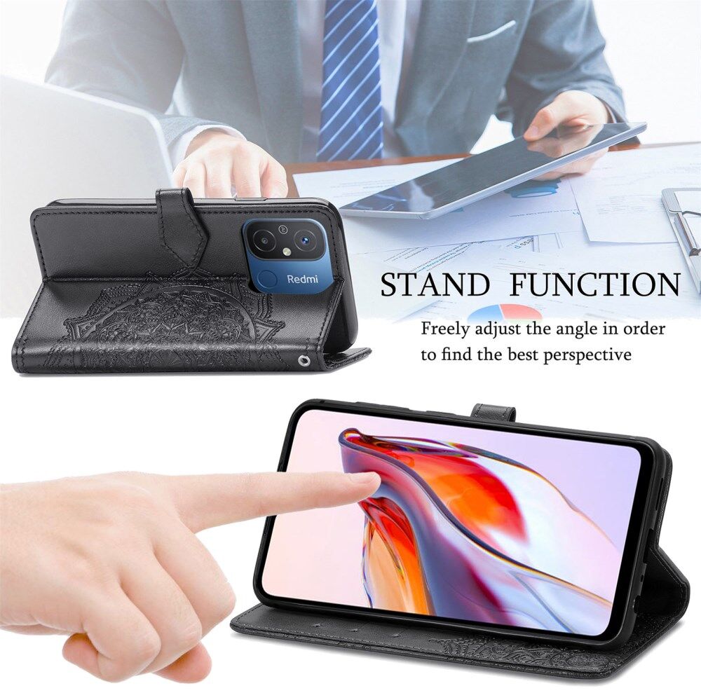 Xiaomi Redmi 12C Hoesje Mandala Book Case met Pasjeshouder Zwart afbeelding 4