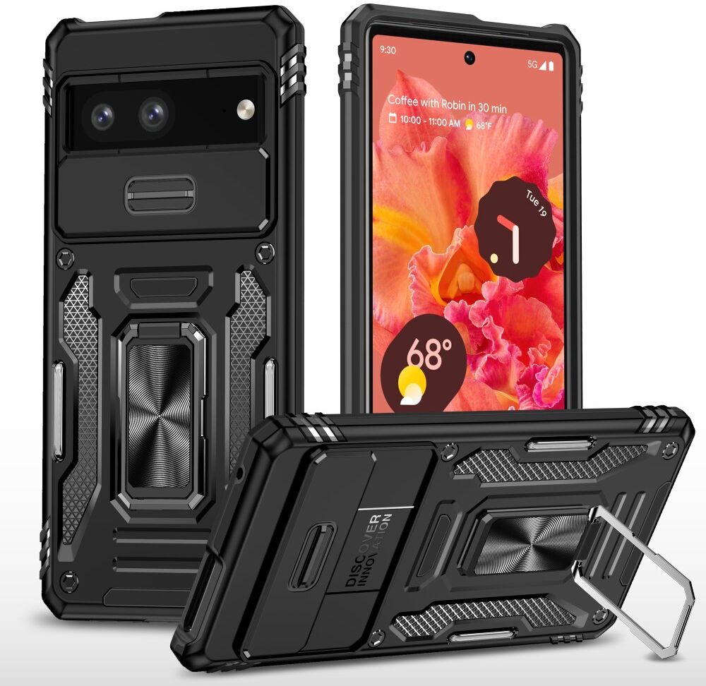 Google Pixel 7a Hoesje met Camera Slider en Kickstand Ring Zwart afbeelding 1