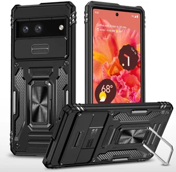 Google Pixel 7a Hoesje met Camera Slider en Kickstand Ring Zwart