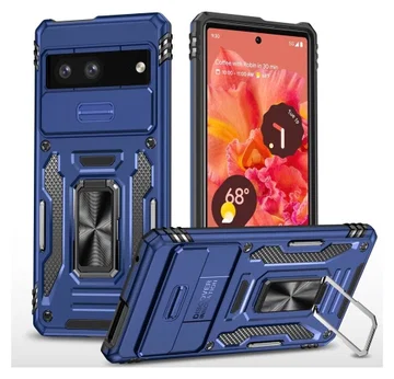 Google Pixel 7a Hoesje met Camera Slider en Kickstand Ring Blauw