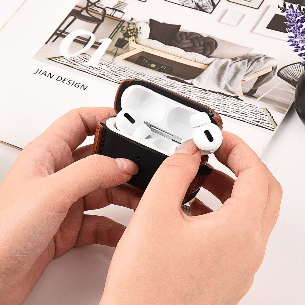 Airpods Pro 1/2 Kunstlederen Schokbestendig Hoesje Zwart/Groen afbeelding 3