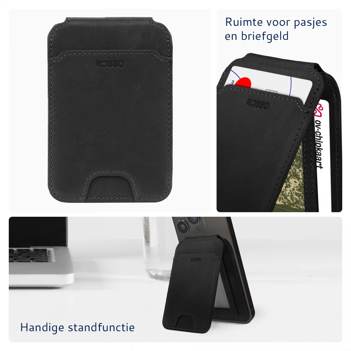 Rosso Deluxe Echt Leer MagSafe Kaarthouder Pasjes / Portemonnee Zwart afbeelding 2