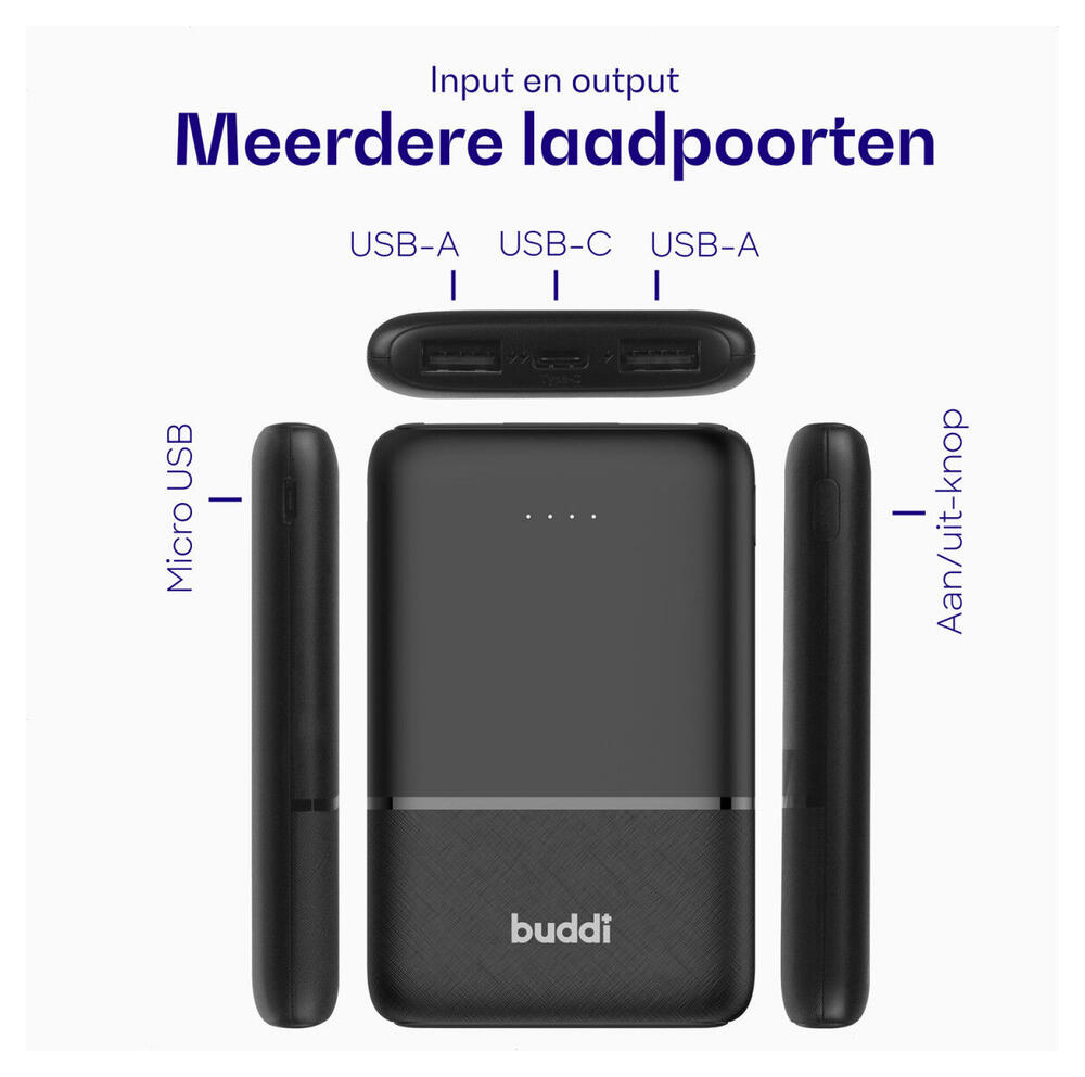 Buddi Go Powerbank USB-C Reisformaat Mini Compact 5.000 mAh Zwart afbeelding 4
