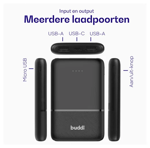 Buddi Go Powerbank USB-C Reisformaat Mini Compact 5.000 mAh Zwart afbeelding 4