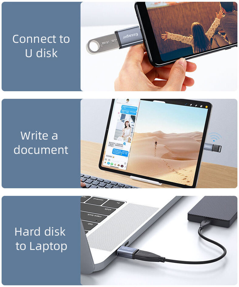 Essager 3A USB-C naar USB 3.0 Converter/Adapter met Koord Grijs afbeelding 3