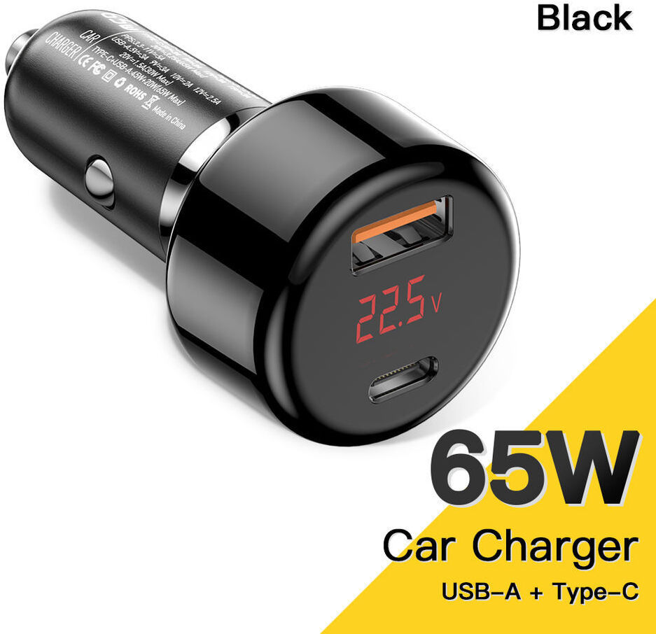 Essager 65W Fast Charge Autolader met Digitaal Display USB/USB-C Zwart afbeelding 1