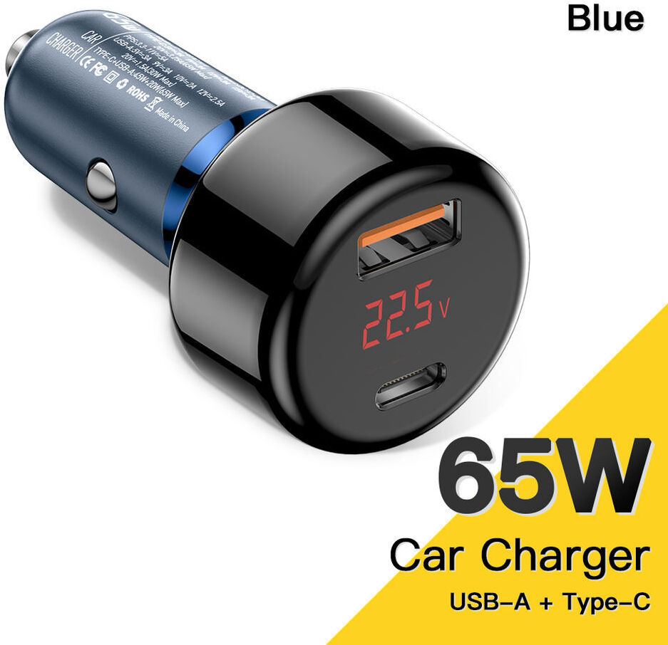 Essager 65W Fast Charge Autolader met Digitaal Display USB/USB-C Blauw afbeelding 1