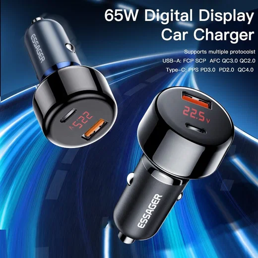 Essager 65W Fast Charge Autolader met Digitaal Display USB/USB-C Blauw afbeelding 2