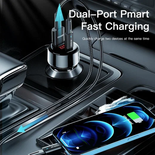 Essager 65W Fast Charge Autolader met Digitaal Display USB/USB-C Blauw afbeelding 4
