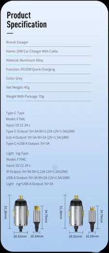 Essager 20W Fast Charge Autolader USB met Lightning Kabel 1.5M afbeelding 14