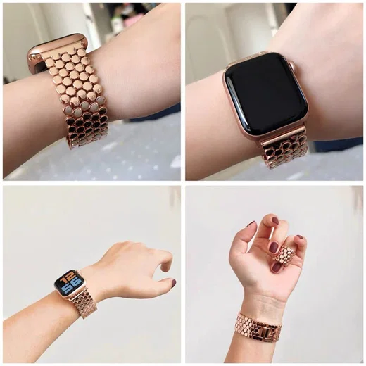 Apple Watch Bandje - 1-10/SE - 42MM/41MM/40MM/38MM - Honingraat - RVS - Goud afbeelding 5
