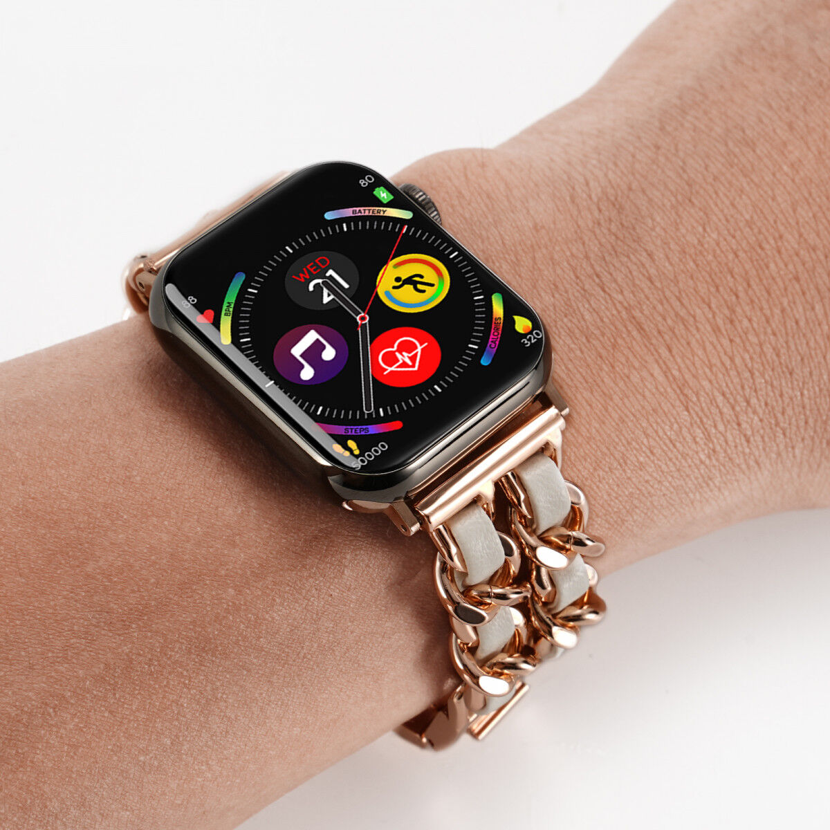 Apple Watch Band - 1-10/SE - 42MM/41MM/40MM/38MM - Gevlochten - RVS - Rose Wit afbeelding 3