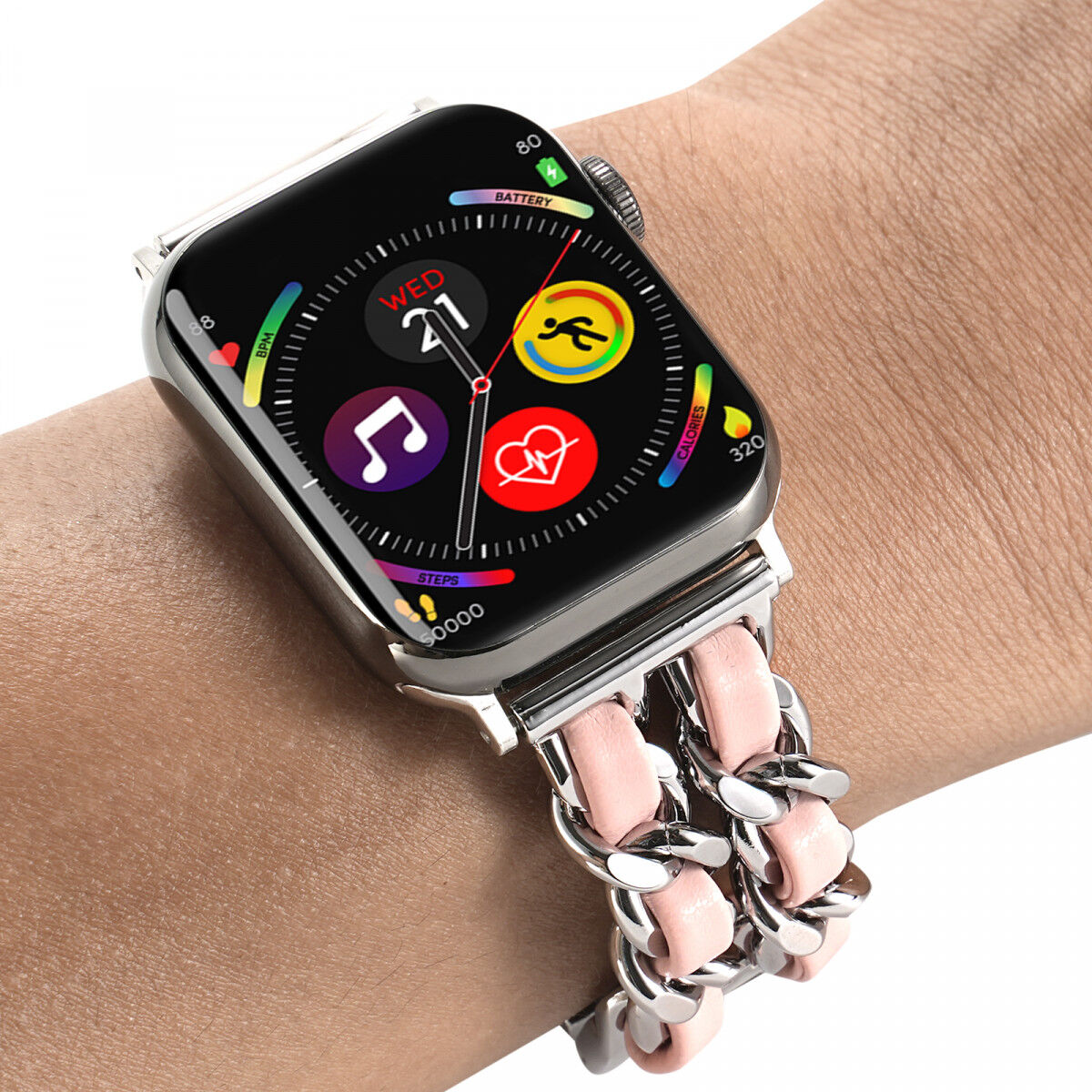 Apple Watch Band - 1-10/SE - 42MM/41MM/40MM/38MM - Gevlochten - RVS - Roze afbeelding 3
