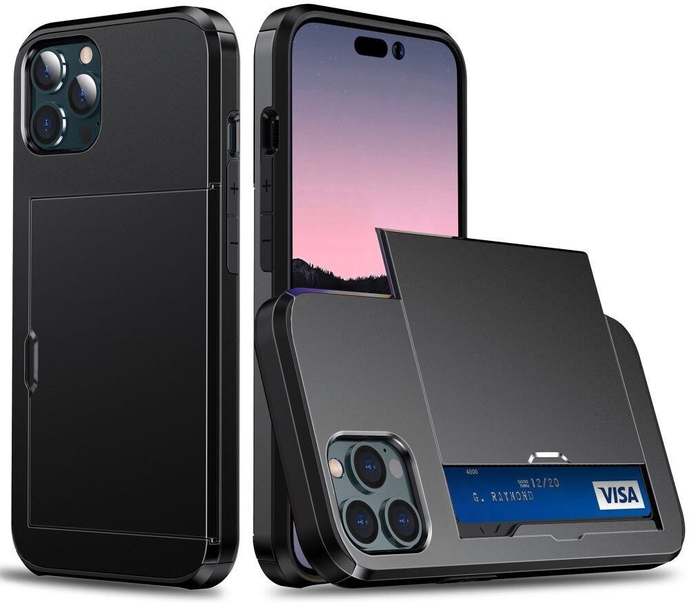 Apple iPhone 15 Pro Hoesje met Slider Kaarthouder Back Cover Zwart afbeelding 1