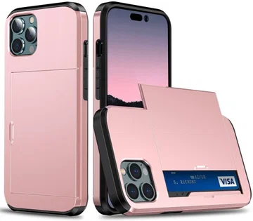 Apple iPhone 15 Pro Hoesje met Slider Kaarthouder Back Cover Roze