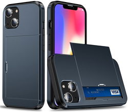 Apple iPhone 15 Hoesje met Slider Kaarthouder Back Cover Blauw afbeelding