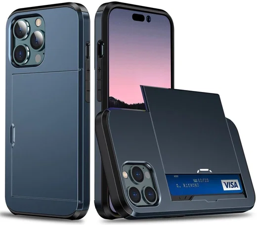 Apple iPhone 15 Pro Max Hoesje met Slider Kaarthouder Back Cover Blauw afbeelding 1
