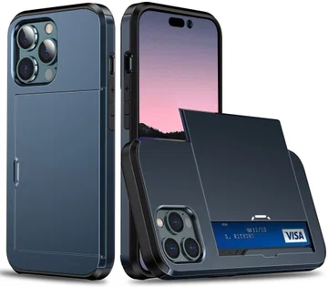 Apple iPhone 15 Pro Max Hoesje met Slider Kaarthouder Back Cover Blauw