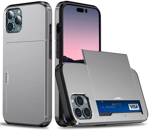Apple iPhone 15 Pro Hoesje met Slider Kaarthouder Back Cover Grijs afbeelding 1