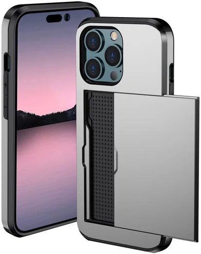 Apple iPhone 15 Pro Hoesje met Slider Kaarthouder Back Cover Grijs afbeelding 2