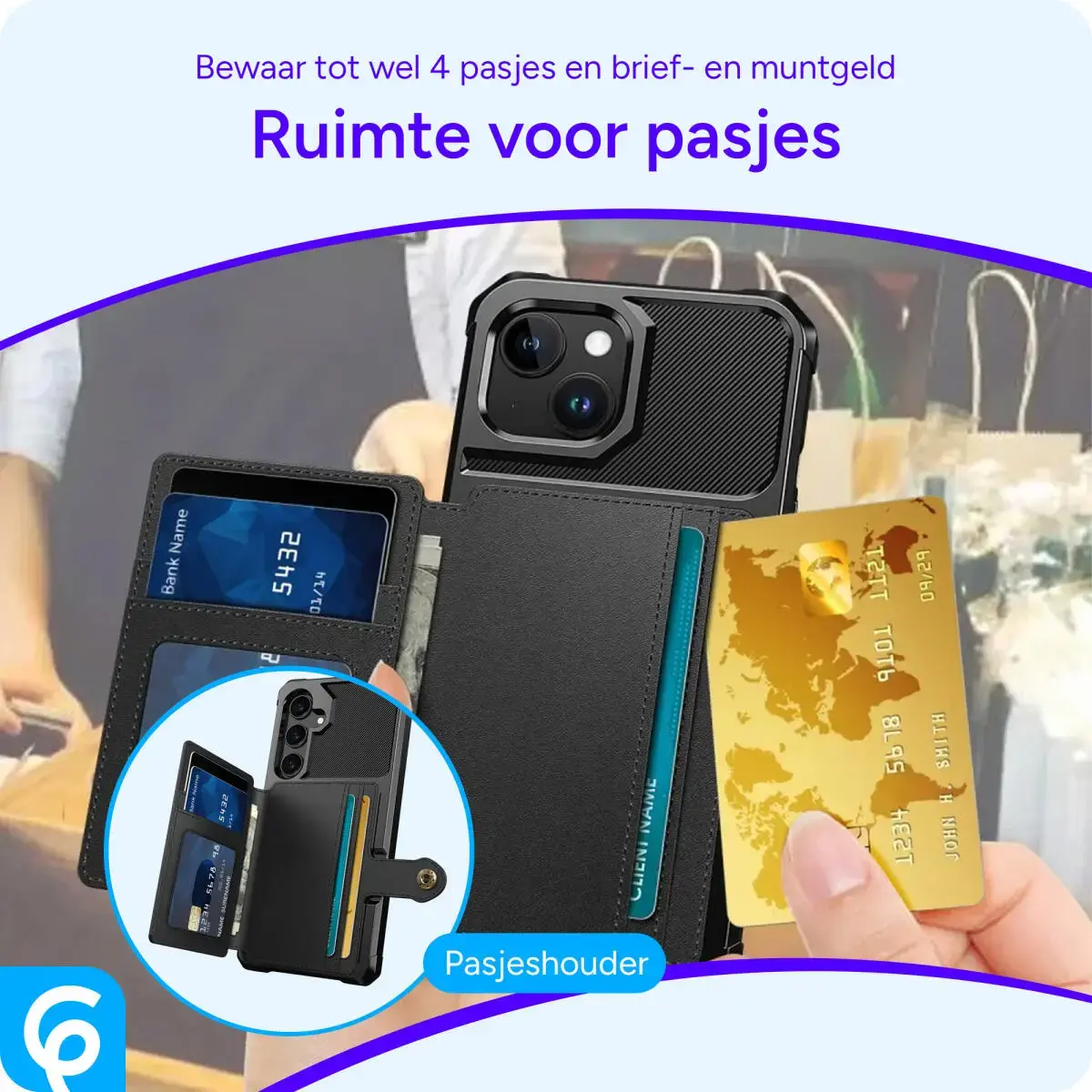 Apple iPhone 15 3 in 1 Back Cover Portemonnee Hoesje Zwart afbeelding 6