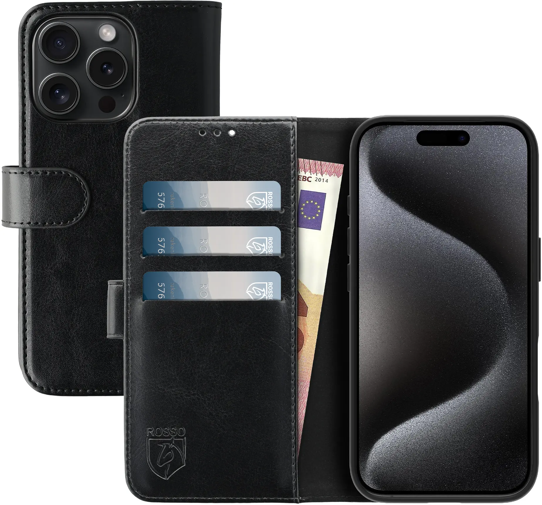 Rosso Element Apple iPhone 15 Pro Hoesje Book Case Wallet Zwart afbeelding 1