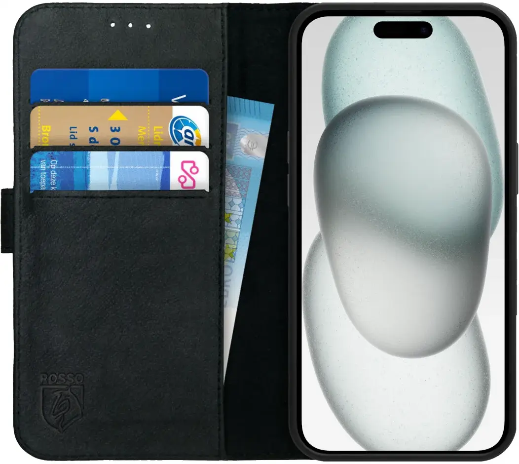 Rosso Deluxe Apple iPhone 15 Hoesje Echt Leer Book Case Zwart afbeelding 1