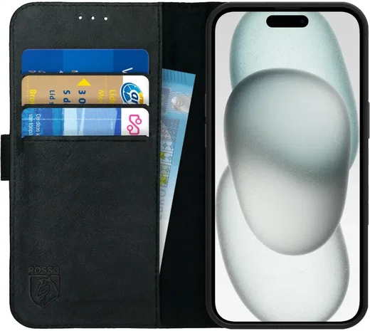 Rosso Deluxe Apple iPhone 15 Hoesje Echt Leer Book Case Zwart afbeelding 1
