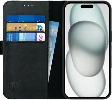 Rosso Deluxe Apple iPhone 15 Hoesje Echt Leer Book Case Zwart
