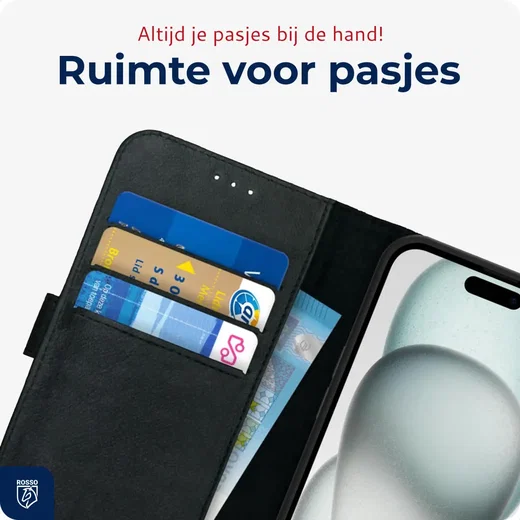 Rosso Deluxe Apple iPhone 15 Hoesje Echt Leer Book Case Zwart afbeelding 6