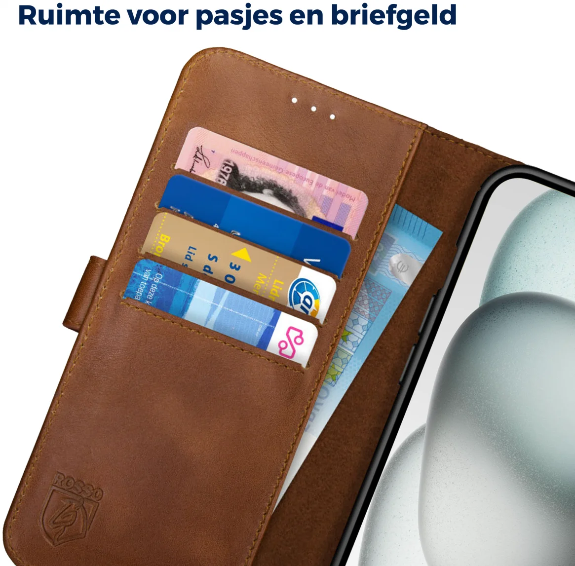Rosso Deluxe Apple iPhone 15 Plus Hoesje Echt Leer Book Case Bruin afbeelding 5