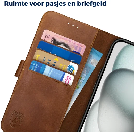 Rosso Deluxe Apple iPhone 15 Plus Hoesje Echt Leer Book Case Bruin afbeelding 5