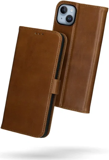 Rosso Deluxe Apple iPhone 15 Plus Hoesje Echt Leer Book Case Bruin afbeelding 2