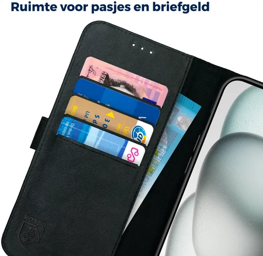 Rosso Deluxe Apple iPhone 15 Plus Hoesje Echt Leer Book Case Zwart afbeelding 5