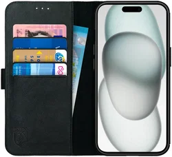 Rosso Deluxe Apple iPhone 15 Plus Hoesje Echt Leer Book Case Zwart afbeelding