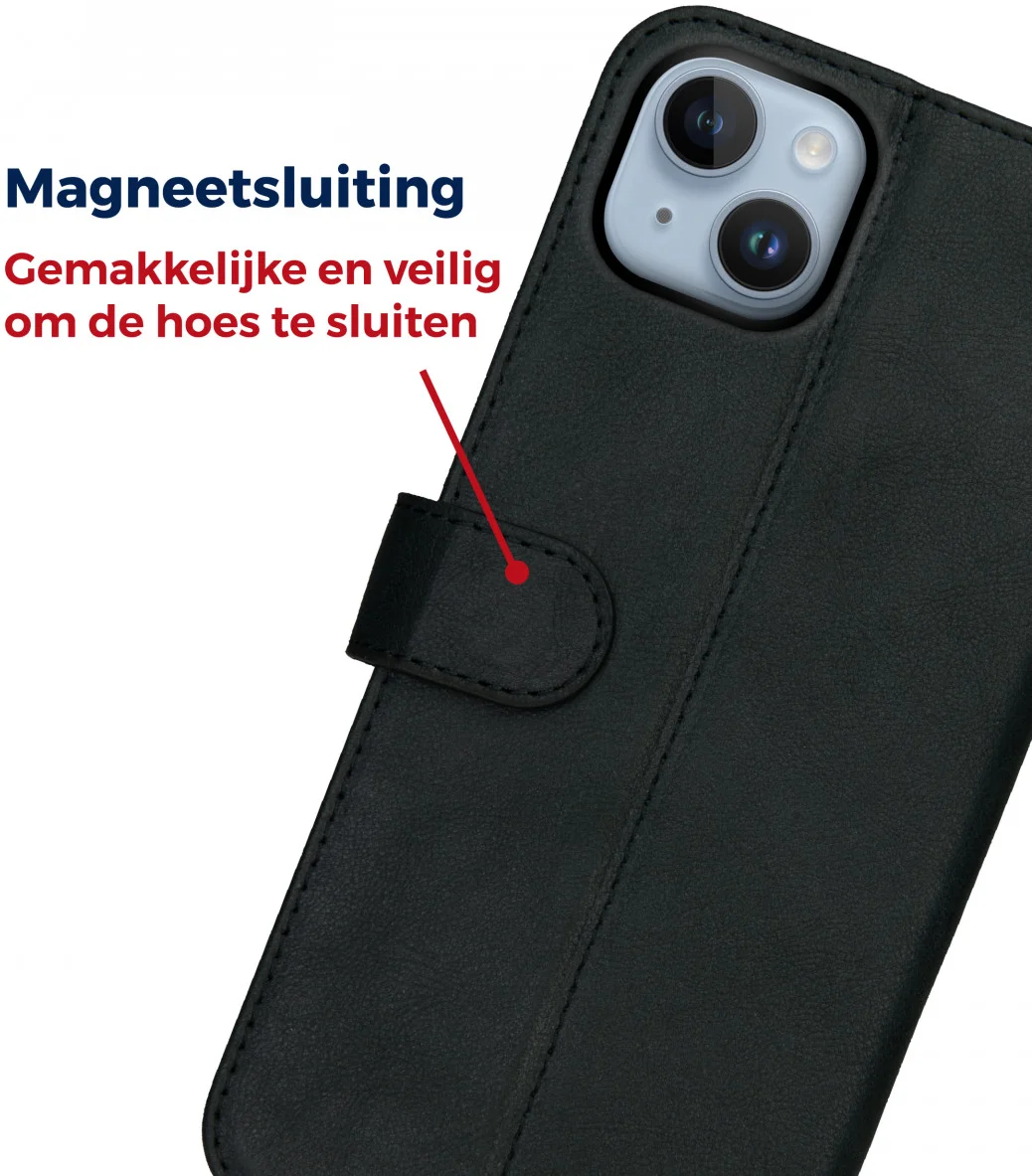 Rosso Deluxe Apple iPhone 15 Plus Hoesje Echt Leer Book Case Zwart afbeelding 7