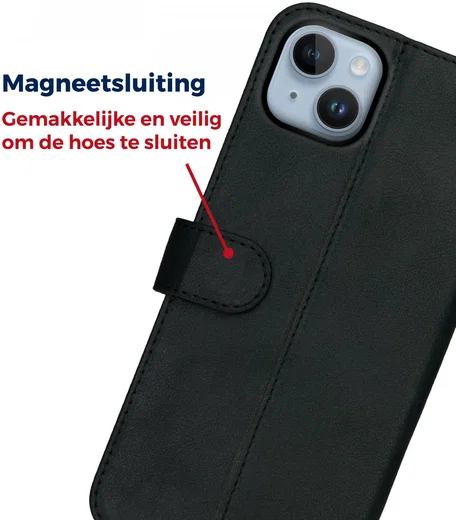 Rosso Deluxe Apple iPhone 15 Plus Hoesje Echt Leer Book Case Zwart afbeelding 7