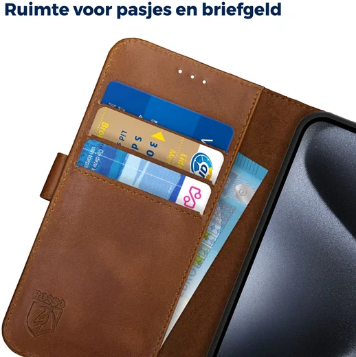 Rosso Deluxe Apple iPhone 15 Pro Hoesje Echt Leer Book Case Bruin afbeelding 5