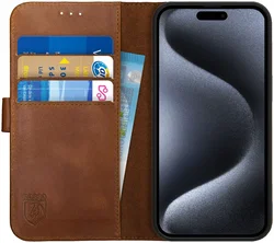 Rosso Deluxe Apple iPhone 15 Pro Hoesje Echt Leer Book Case Bruin afbeelding