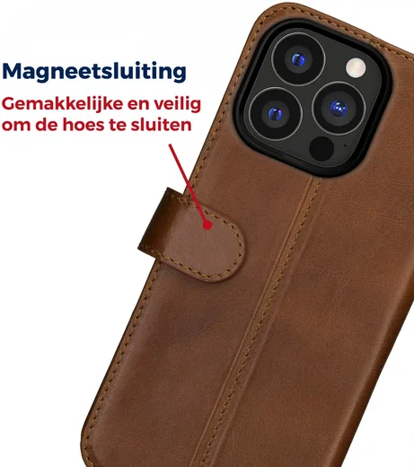 Rosso Deluxe Apple iPhone 15 Pro Hoesje Echt Leer Book Case Bruin afbeelding 7