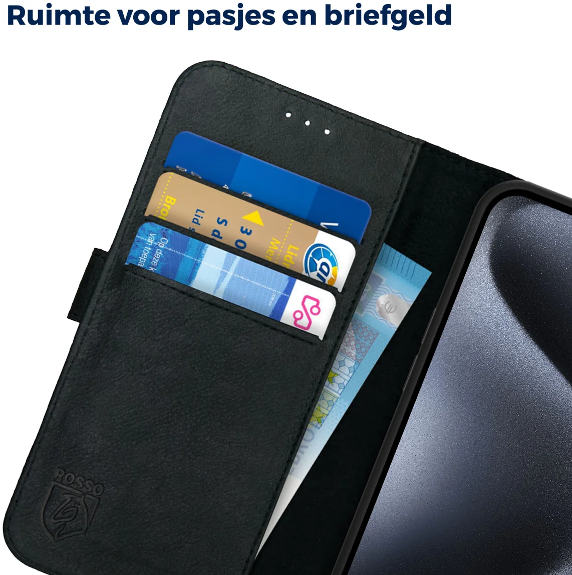 Rosso Deluxe Apple iPhone 15 Pro Hoesje Echt Leer Book Case Zwart afbeelding 5