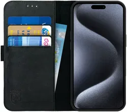 Rosso Deluxe Apple iPhone 15 Pro Hoesje Echt Leer Book Case Zwart afbeelding