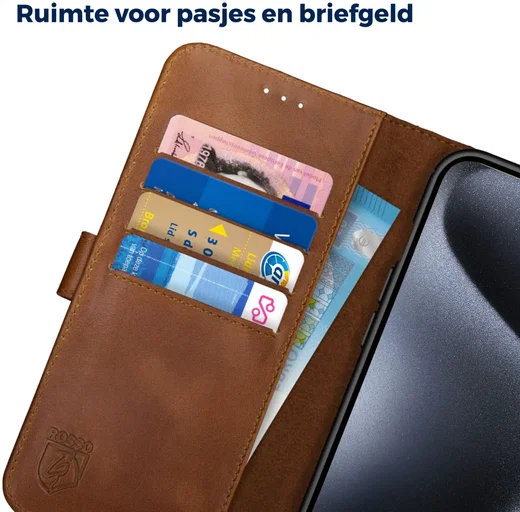 Rosso Deluxe Apple iPhone 15 Pro Max Hoesje Echt Leer Book Case Bruin afbeelding 5