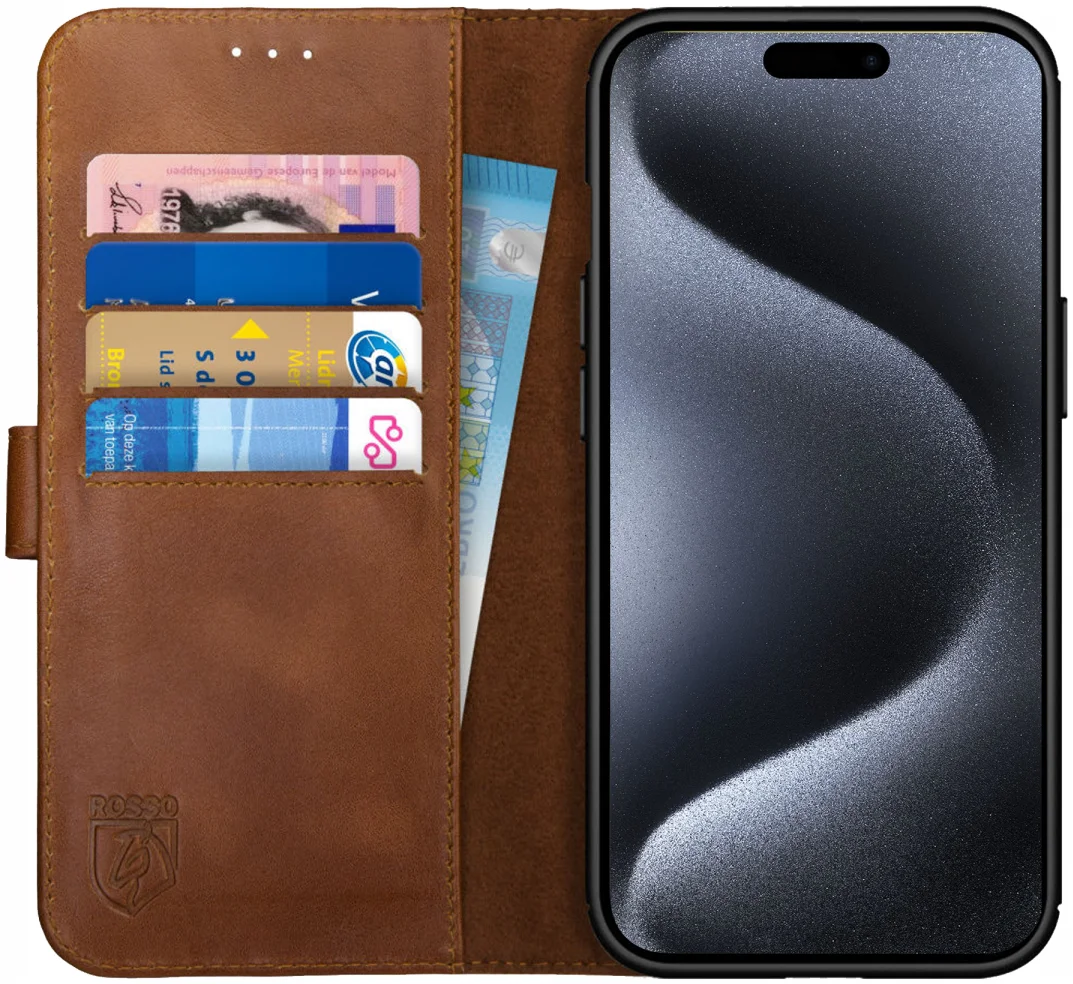 Rosso Deluxe Apple iPhone 15 Pro Max Hoesje Echt Leer Book Case Bruin afbeelding 1