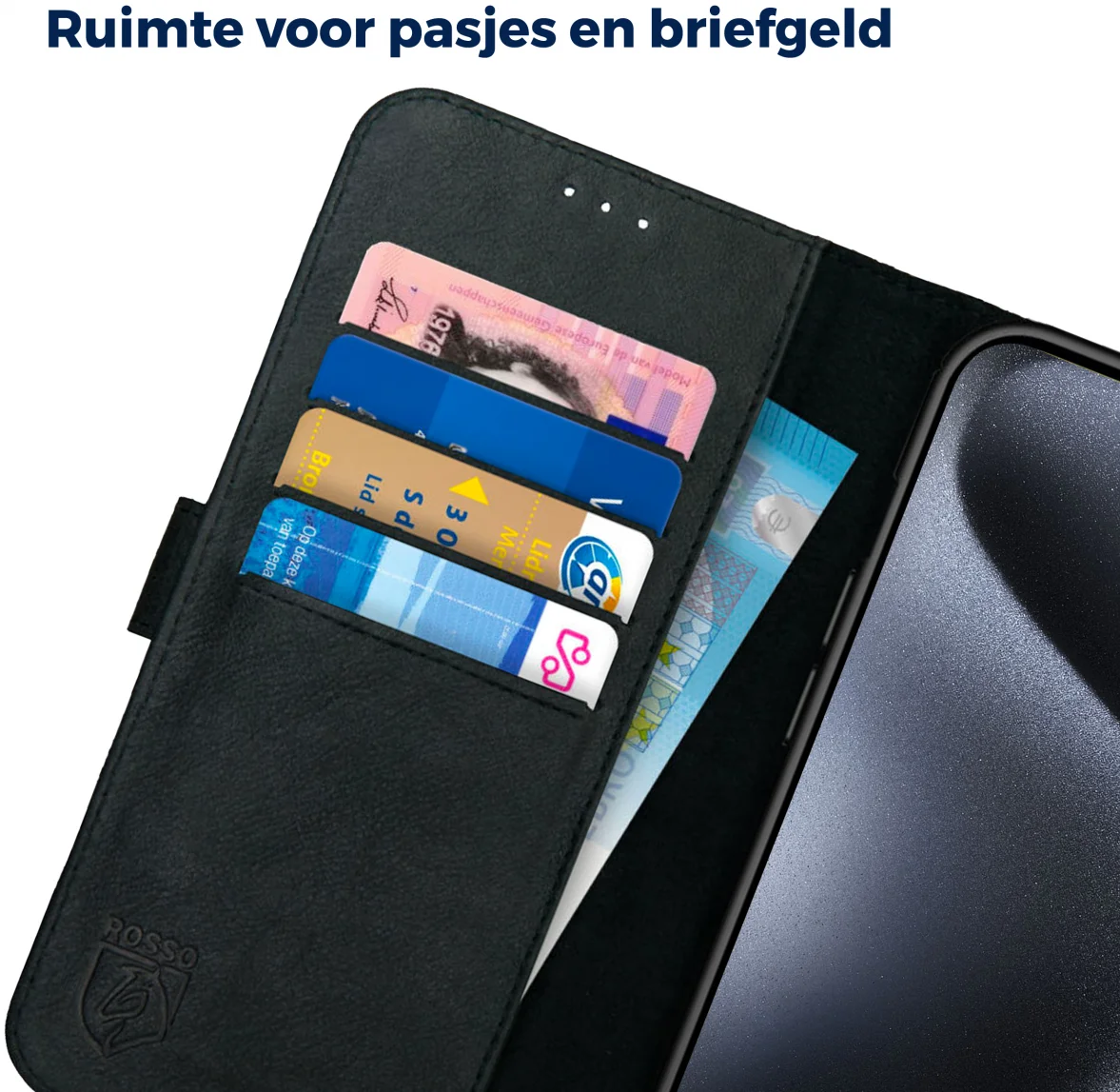 Rosso Deluxe Apple iPhone 15 Pro Max Hoesje Echt Leer Book Case Zwart afbeelding 5