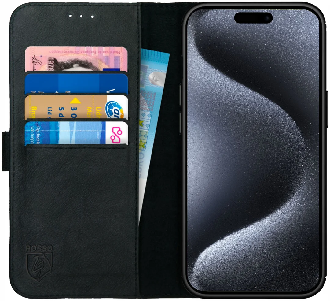 Rosso Deluxe Apple iPhone 15 Pro Max Hoesje Echt Leer Book Case Zwart afbeelding 1