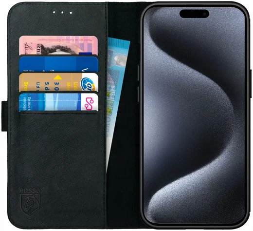 Rosso Deluxe Apple iPhone 15 Pro Max Hoesje Echt Leer Book Case Zwart afbeelding 1