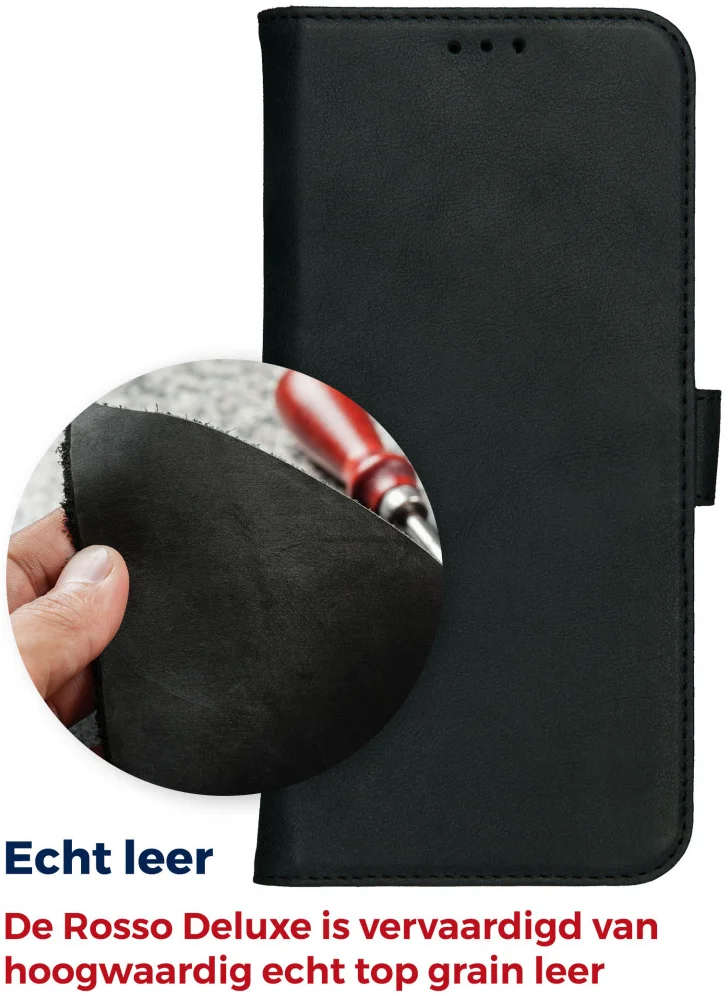 Rosso Deluxe Apple iPhone 15 Pro Max Hoesje Echt Leer Book Case Zwart afbeelding 6