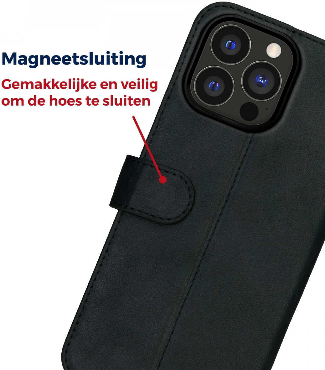 Rosso Deluxe Apple iPhone 15 Pro Max Hoesje Echt Leer Book Case Zwart afbeelding 7