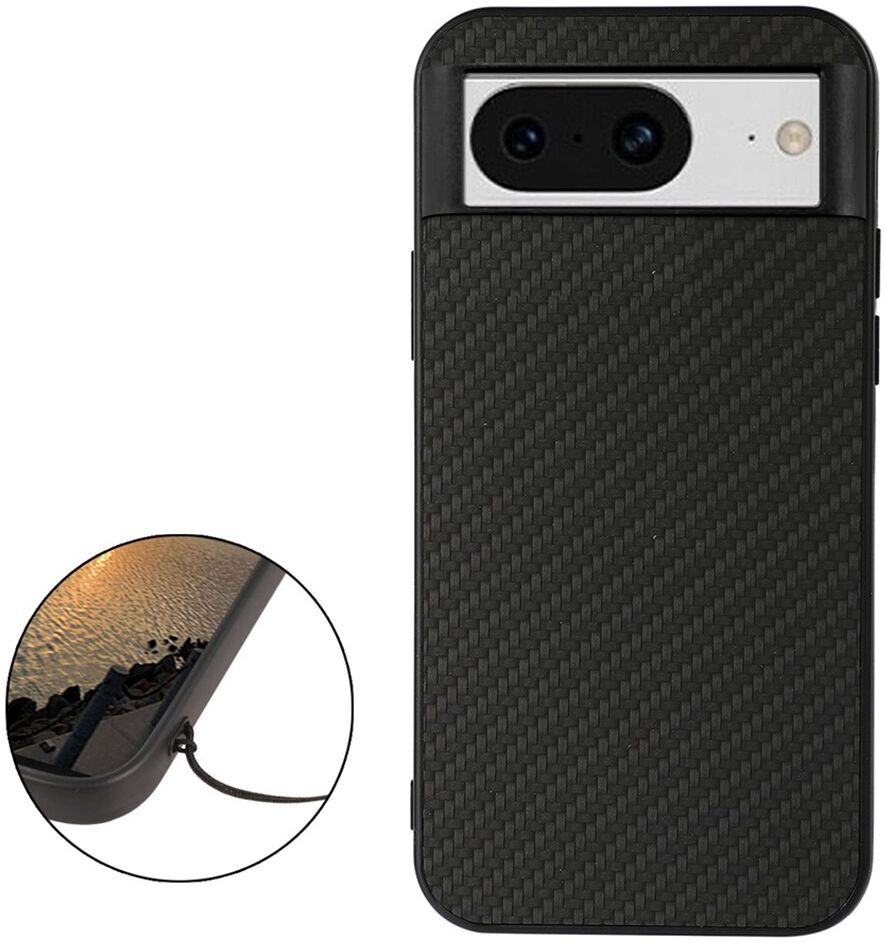 Google Pixel 8 Hoesje Carbon met Kunstleer Coating Back Cover Zwart afbeelding 2